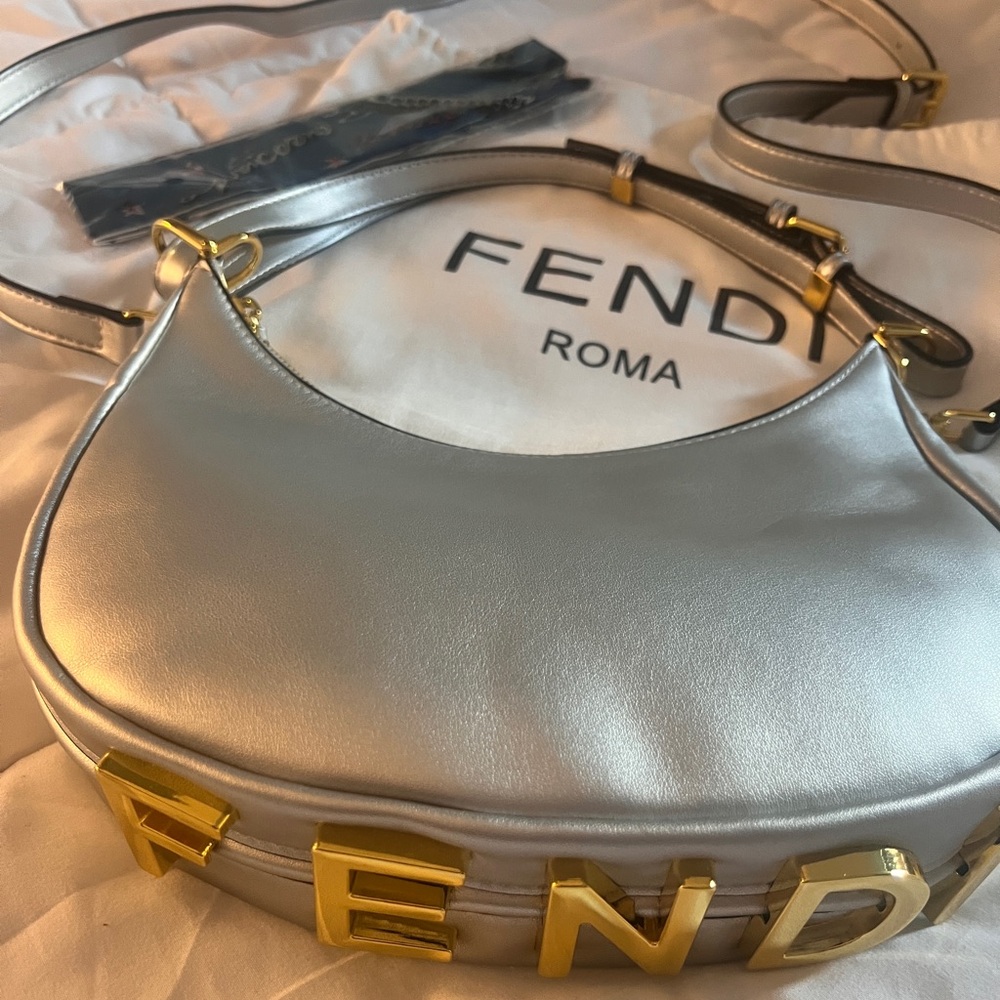 Metallic Silver Shoulder Moon Bag with Gold Accents